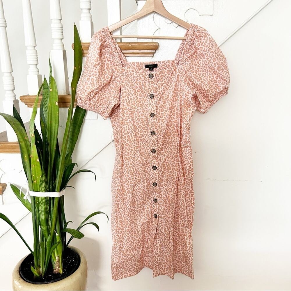 J. Crew Cottage Dress Pink Leopard Cotton Short Puff Sleeves Button Down Size S - Picture 2 of 8